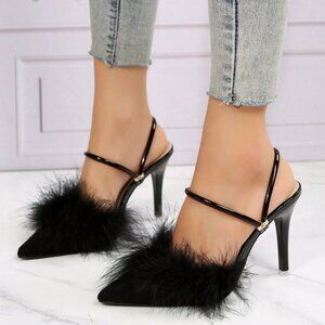 Black SexyWomen's Fuzzy Pointed Toe High Heel Mules